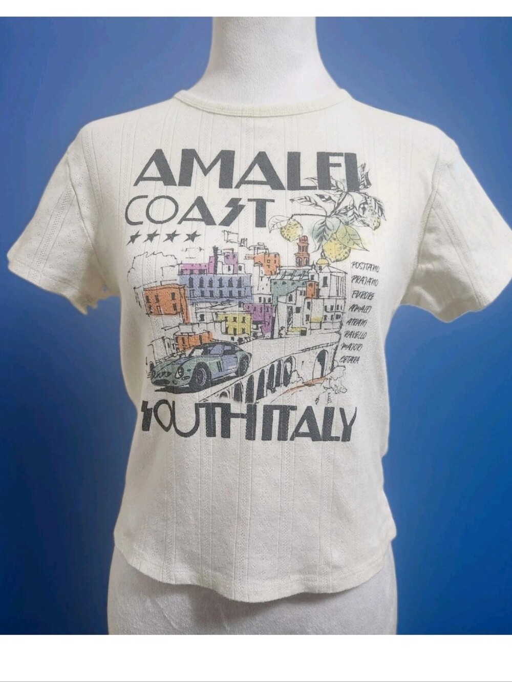 Womens Baby Tee Shirt Medium Ribbed Cream Y2K Amalfi Coast South Italy Coastal